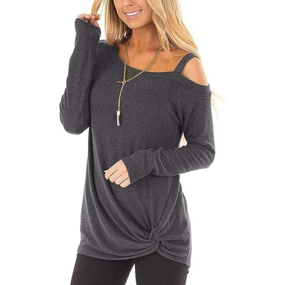 Okvpajdo Sweaters - Women's Casual Soft Long Sleeves Off Shoulder Knot Side Twist Blouse Pullover M